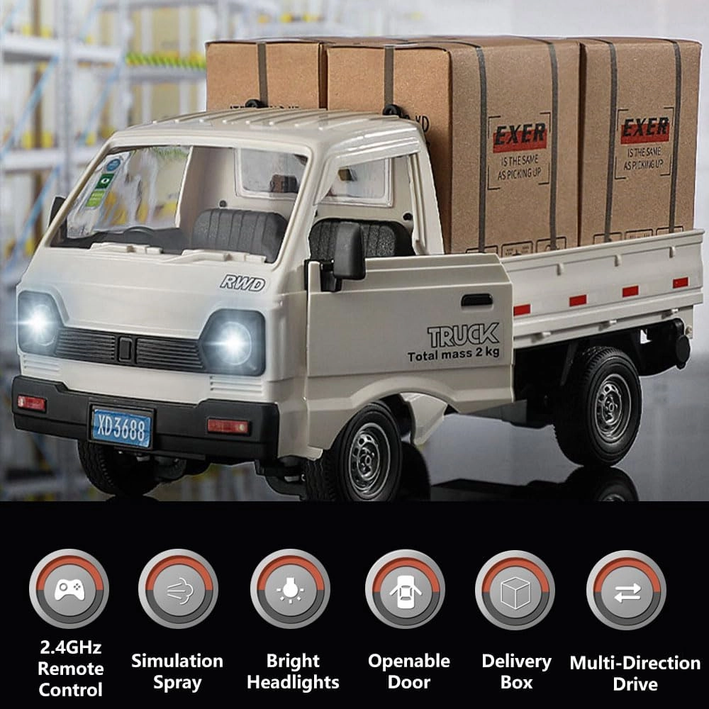 GoolRC Remote Control Car Kei Truck, 1:16 Scale RC Transport Pickup Truck with Spray and Light, 2.4GHz All Terrain RC Cars for Kids and Adults Christmas or Birthday Gift (White)