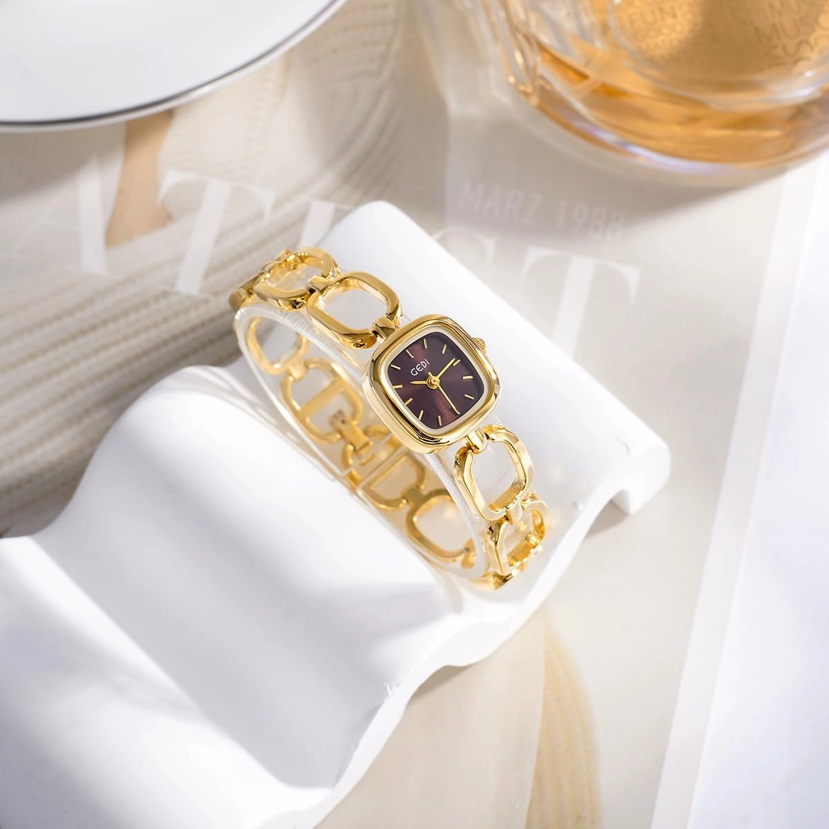 Gosasa Vintage Gold Watch for Women Dainty Bracelet Dress Analog Quartz Watches Luxury Small Square Dial Waterproof with Tool Include