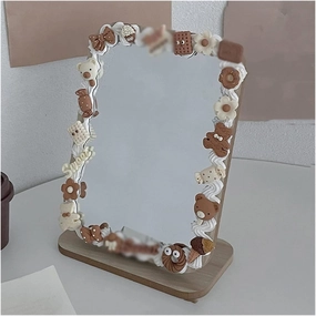GRFIT Vanity Makeup Mirror Cream Gum Wooden Mirror Household Small Cosmetic Mirror Bedroom Dormitory Desktop Vanity Mirror Portable Vertical Wooden Square Mirror Table Desk Mirror (Color : 003)