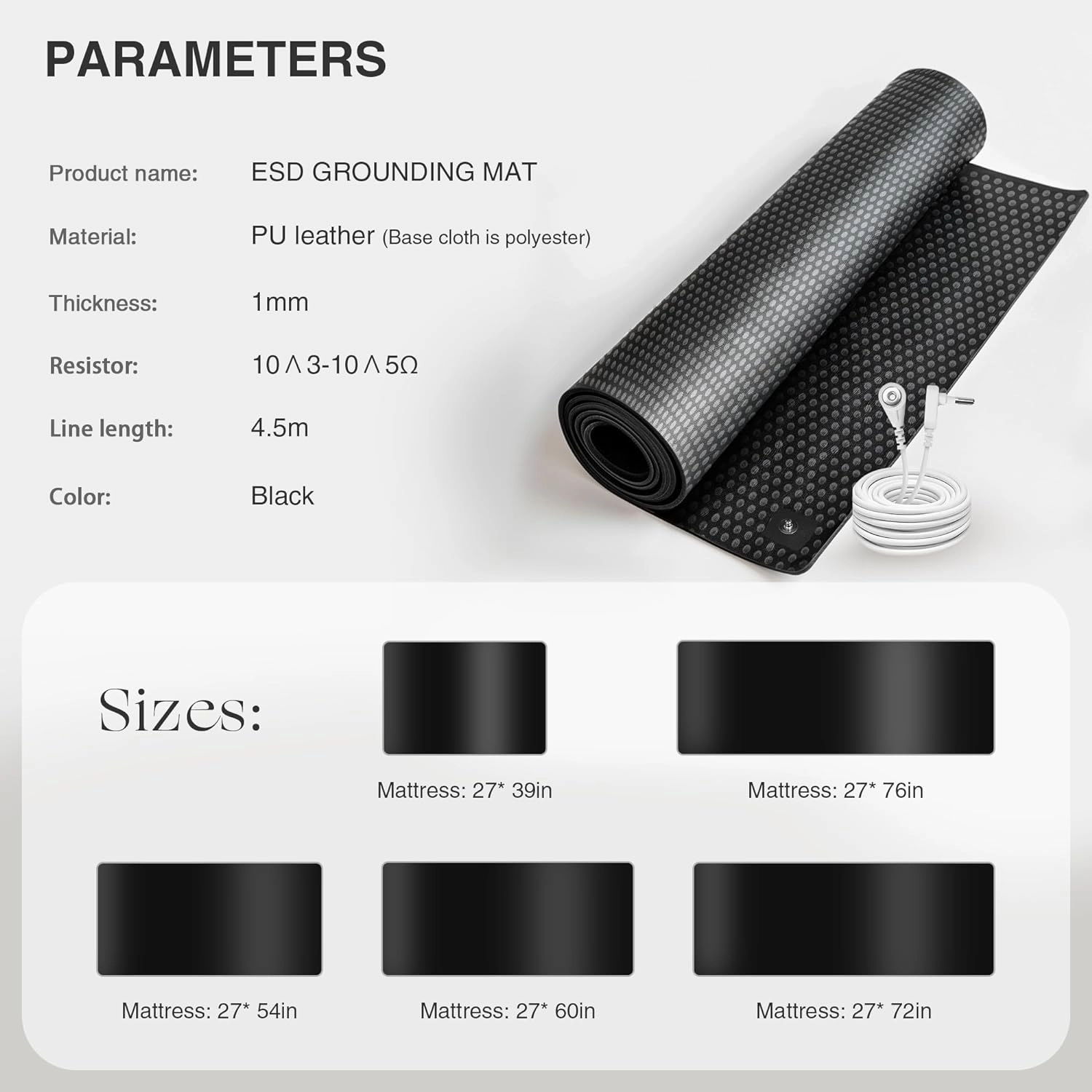 Grounding Mat for Bed, Grounded Pad for Sleep, Anti-Slip PU Leather Grounded Mat with Grounding Cord, 27''×39‘’