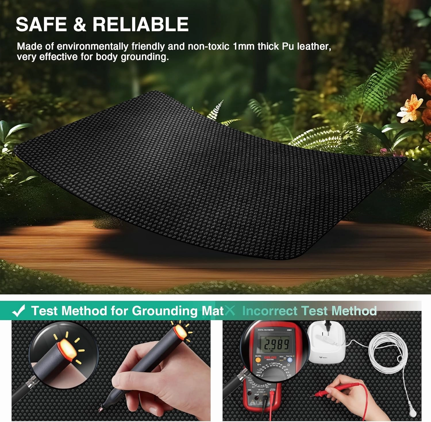 Grounding Mat for Bed, Grounded Pad for Sleep, Anti-Slip PU Leather Grounded Mat with Grounding Cord, 27''×39‘’
