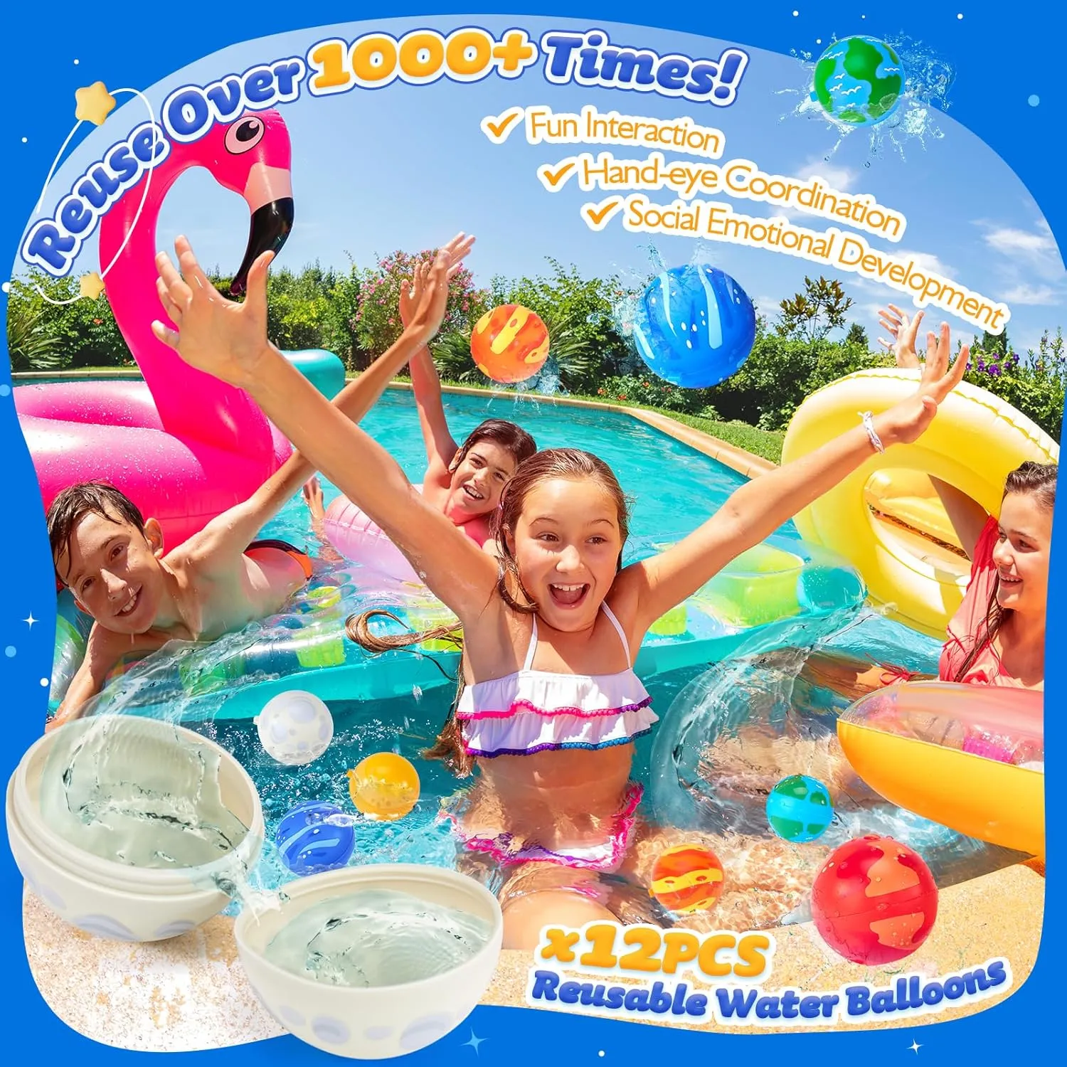 hahaland Reusable Water Balloons for Kids-12 PCS Refillable Water Ball Quick Fill Splash Balls for Summer Beach Toys Outdoor Pool Toy for Boys Girls Age 3 4 5 6 7 8  for Party Yard Water Fight Game
