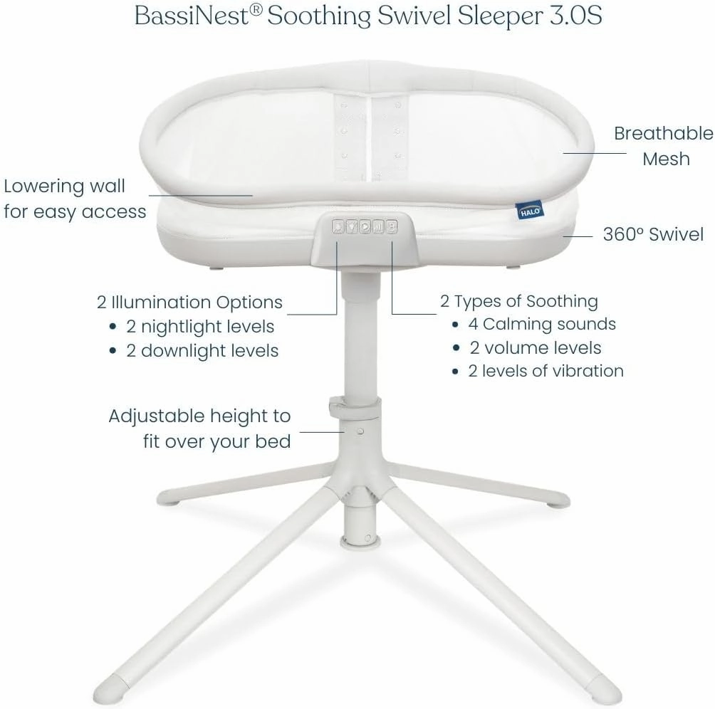 HALO BassiNest Soothing Swivel Sleeper 3.0S – Over-Bed Baby Bassinet with 360 Rotation, Adjustable Height, Breathable Mesh, Calm Sounds & Vibrations, Safe Close Sleeping, Lowering Wall for Easy Access