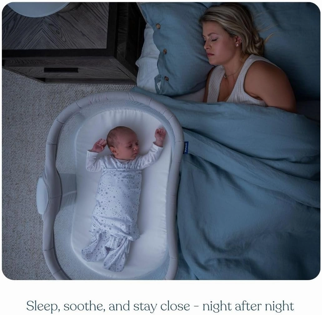 HALO BassiNest Soothing Swivel Sleeper 3.0S – Over-Bed Baby Bassinet with 360 Rotation, Adjustable Height, Breathable Mesh, Calm Sounds & Vibrations, Safe Close Sleeping, Lowering Wall for Easy Access