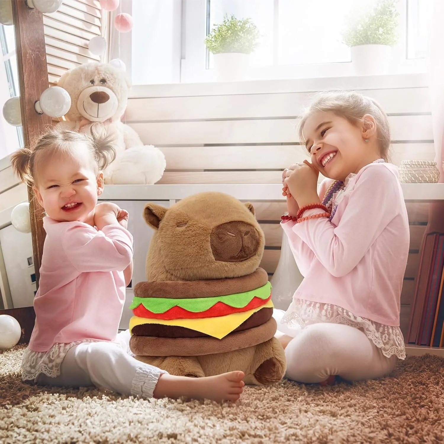Hamburger Capybara Plush13.7inch,Cute Burger Capybara Stuffed Animal Giant Capibara Plushies Pillow Toy Gifts for Boys Girls Kids