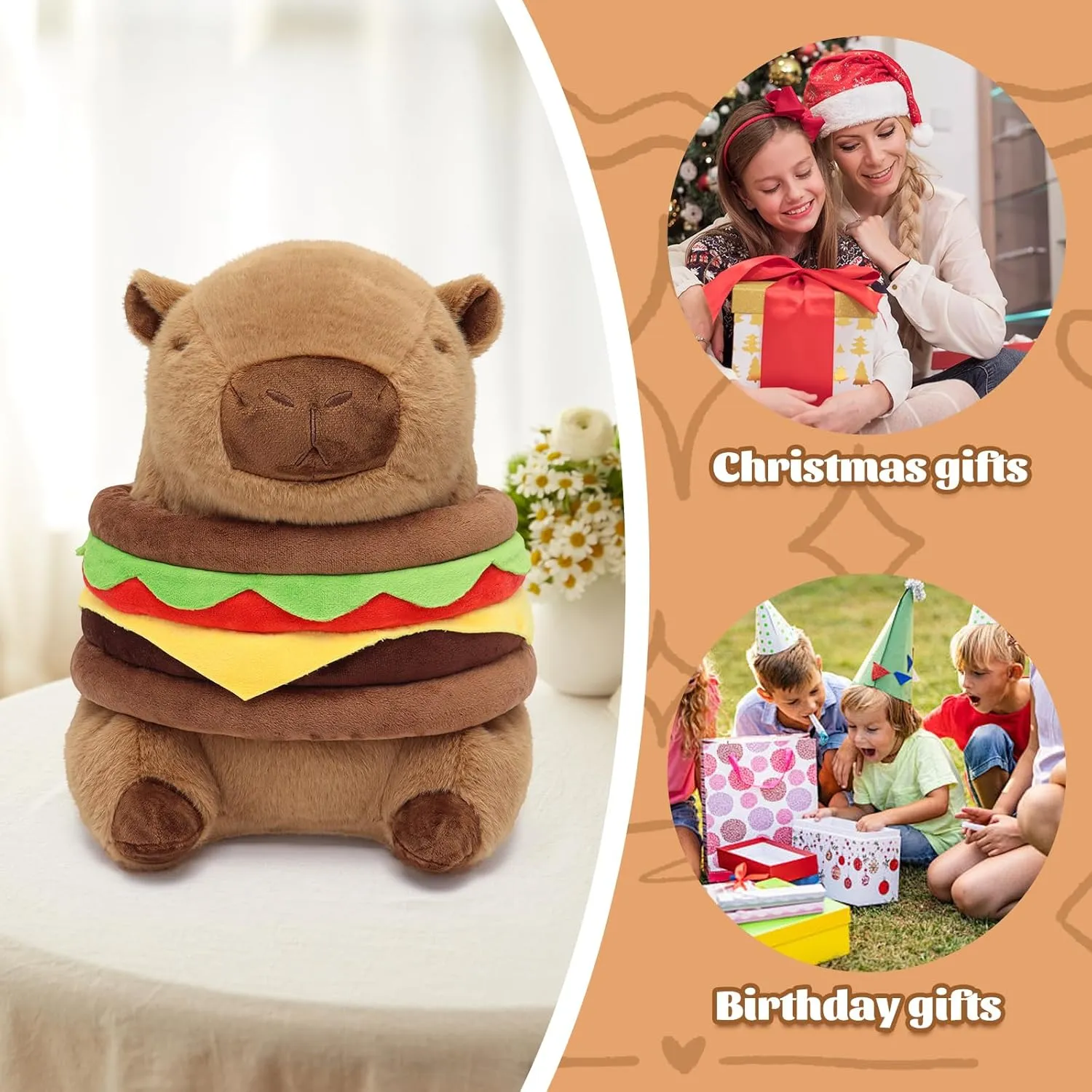 Hamburger Capybara Plush13.7inch,Cute Burger Capybara Stuffed Animal Giant Capibara Plushies Pillow Toy Gifts for Boys Girls Kids
