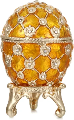 Hand Painted Enamel Flower Faberge Egg Trinket Box, Hinged Faberge Jewelry Box Unique Jewelry Organizer, Vintage Bejeweled Storage, Figurine Collectible Keepsake Home Decor (Yellow)
