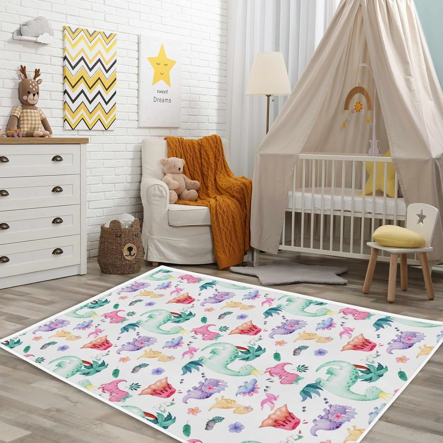 HawSkgFub Baby Toddler Girls Dinosaur Purple Pink Playroom Area Rug, Dino Lover Gift Non Slip Nursery Play Mat Carpet, Kids Bedroom Living Room Classroom Decor