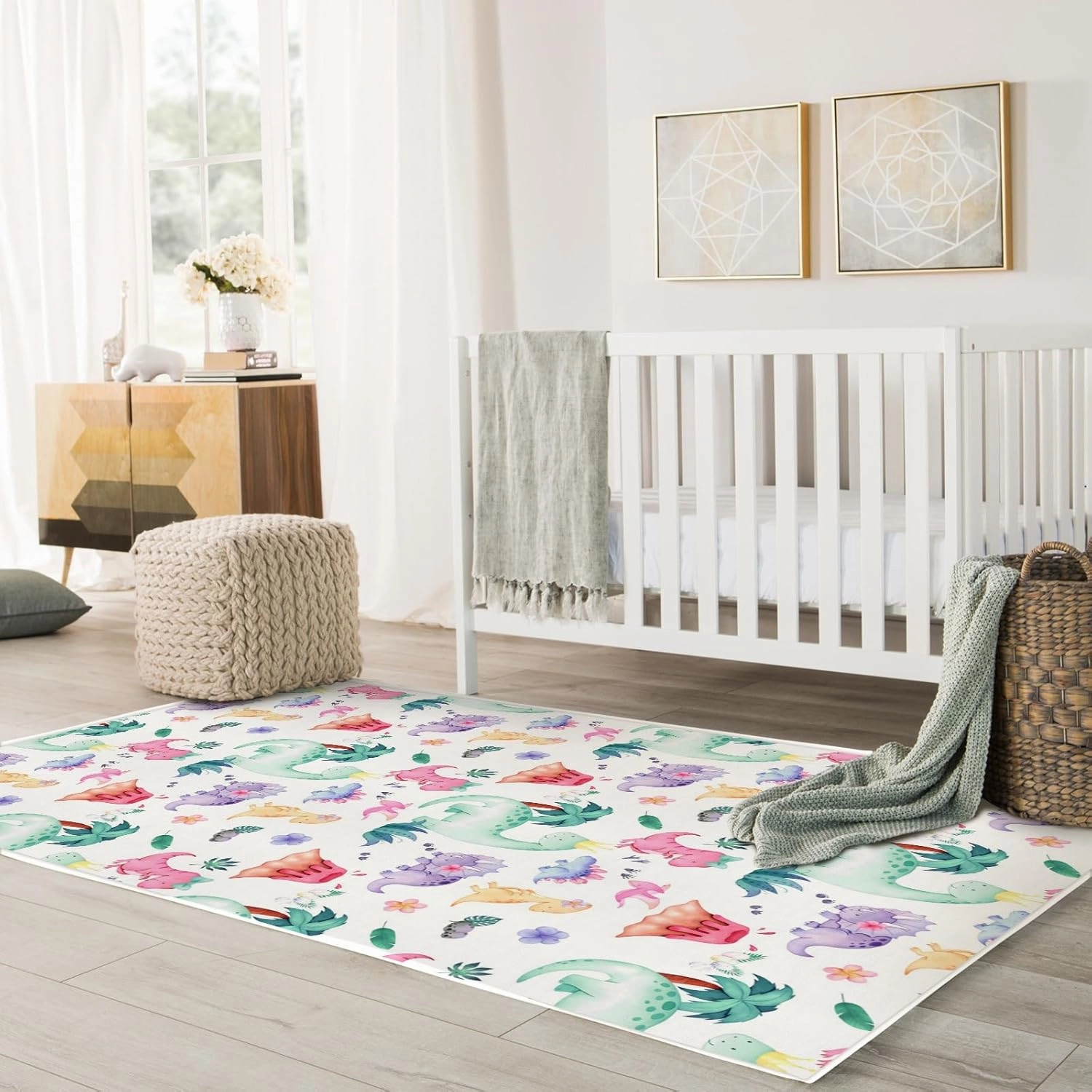 HawSkgFub Baby Toddler Girls Dinosaur Purple Pink Playroom Area Rug, Dino Lover Gift Non Slip Nursery Play Mat Carpet, Kids Bedroom Living Room Classroom Decor