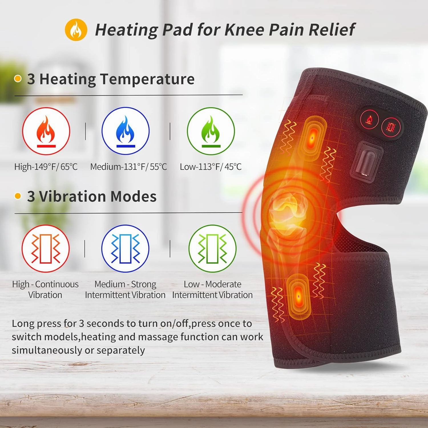 Heated Knee Pad with Massager - Battery Powered Heating Knee Brace for Men Women Elders(Singel)