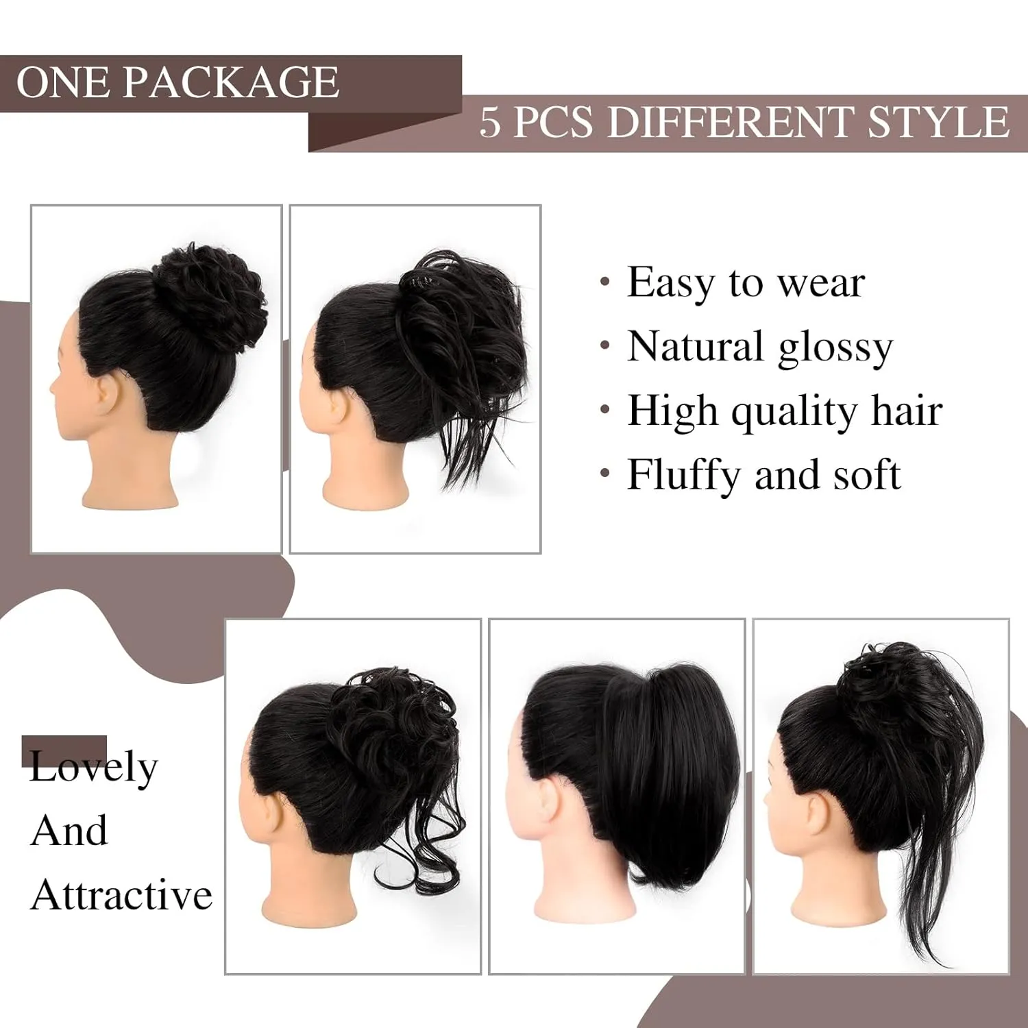 HMD 5 Pieces Messy Hair Bun Hairpiece Tousled Updo for Women Hair Extension Ponytail Scrunchies with Elastic Rubber Band Long Updo Messy Hairpiece Hair Accessories Set for Women （4#）