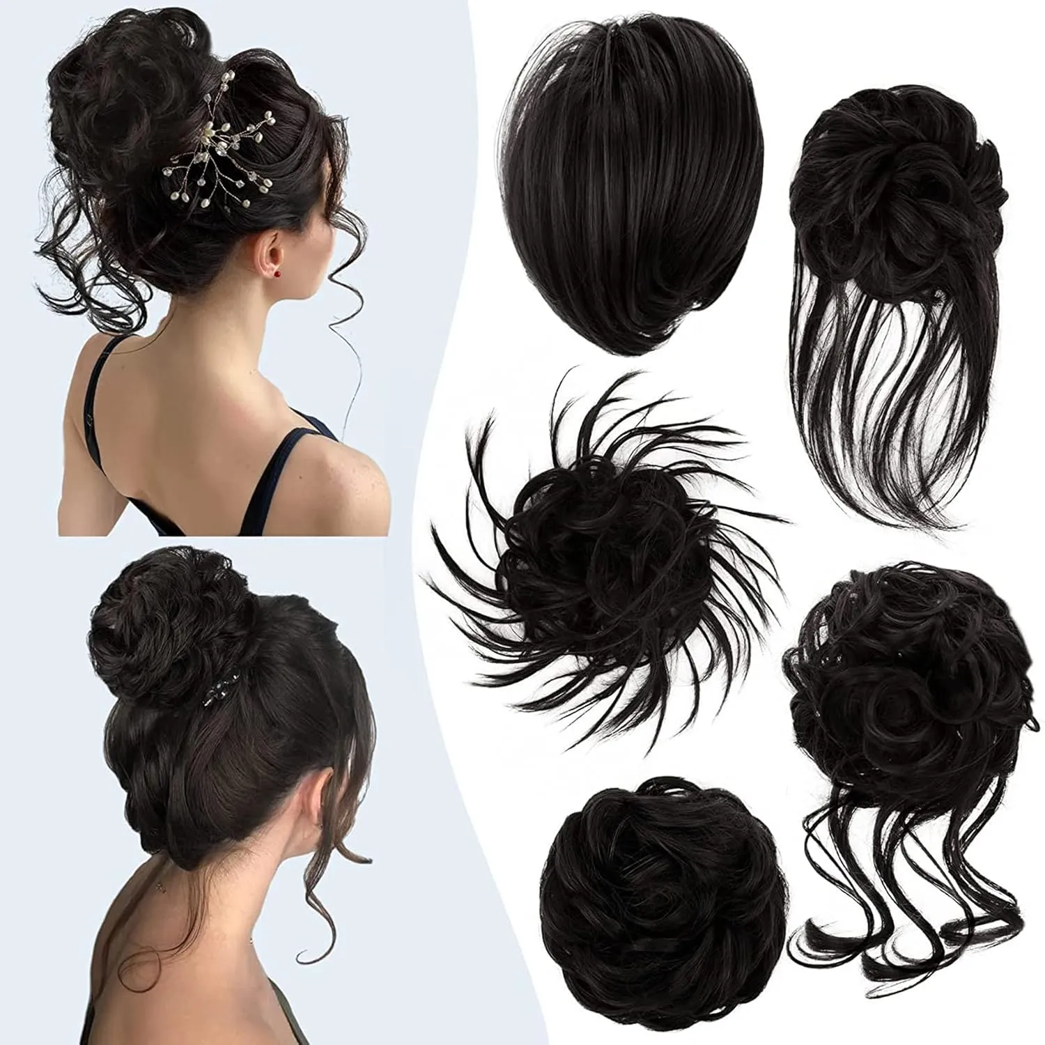 HMD 5 Pieces Messy Hair Bun Hairpiece Tousled Updo for Women Hair Extension Ponytail Scrunchies with Elastic Rubber Band Long Updo Messy Hairpiece Hair Accessories Set for Women （4#）