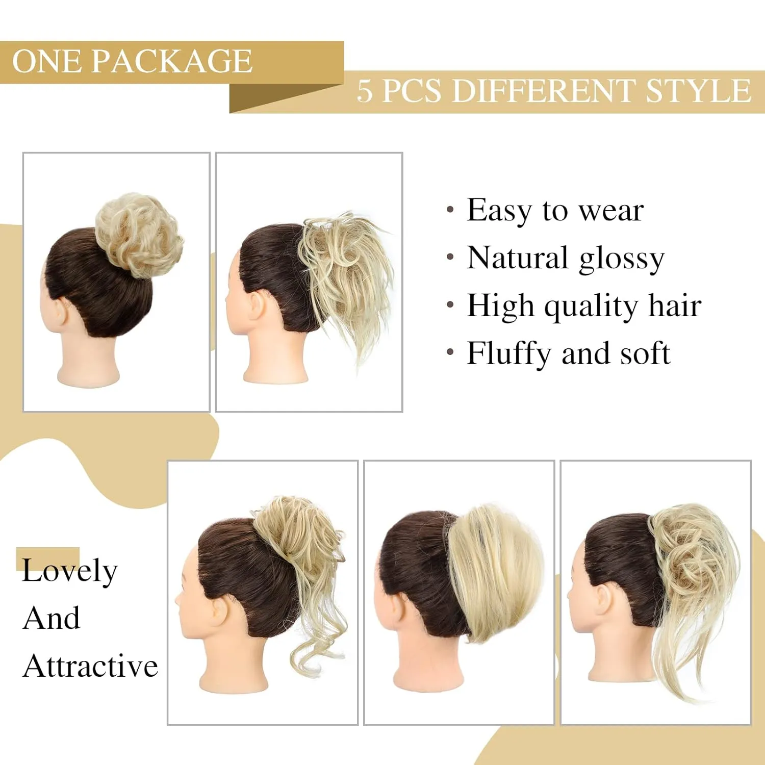 HMD 5 Pieces Messy Hair Bun Hairpiece Tousled Updo for Women Hair Extension Ponytail Scrunchies with Elastic Rubber Band Long Updo Messy Hairpiece Hair Accessories Set for Women（24/613）