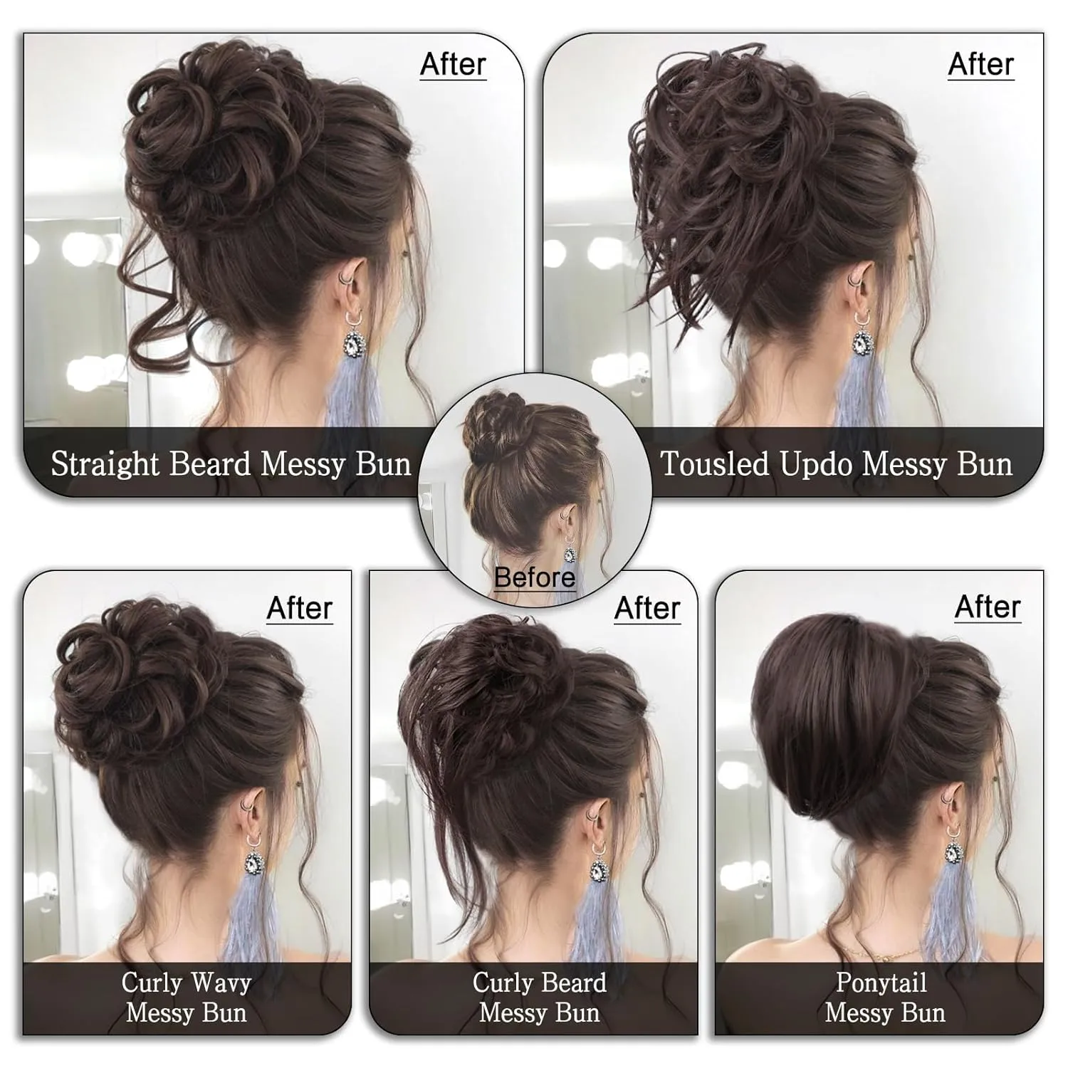HMD 5 Pieces Messy Hair Bun Hairpiece Tousled Updo for Women Hair Extension Ponytail Scrunchies with Elastic Rubber Band Long Updo Messy Hairpiece Hair Accessories Set for Women(27#)