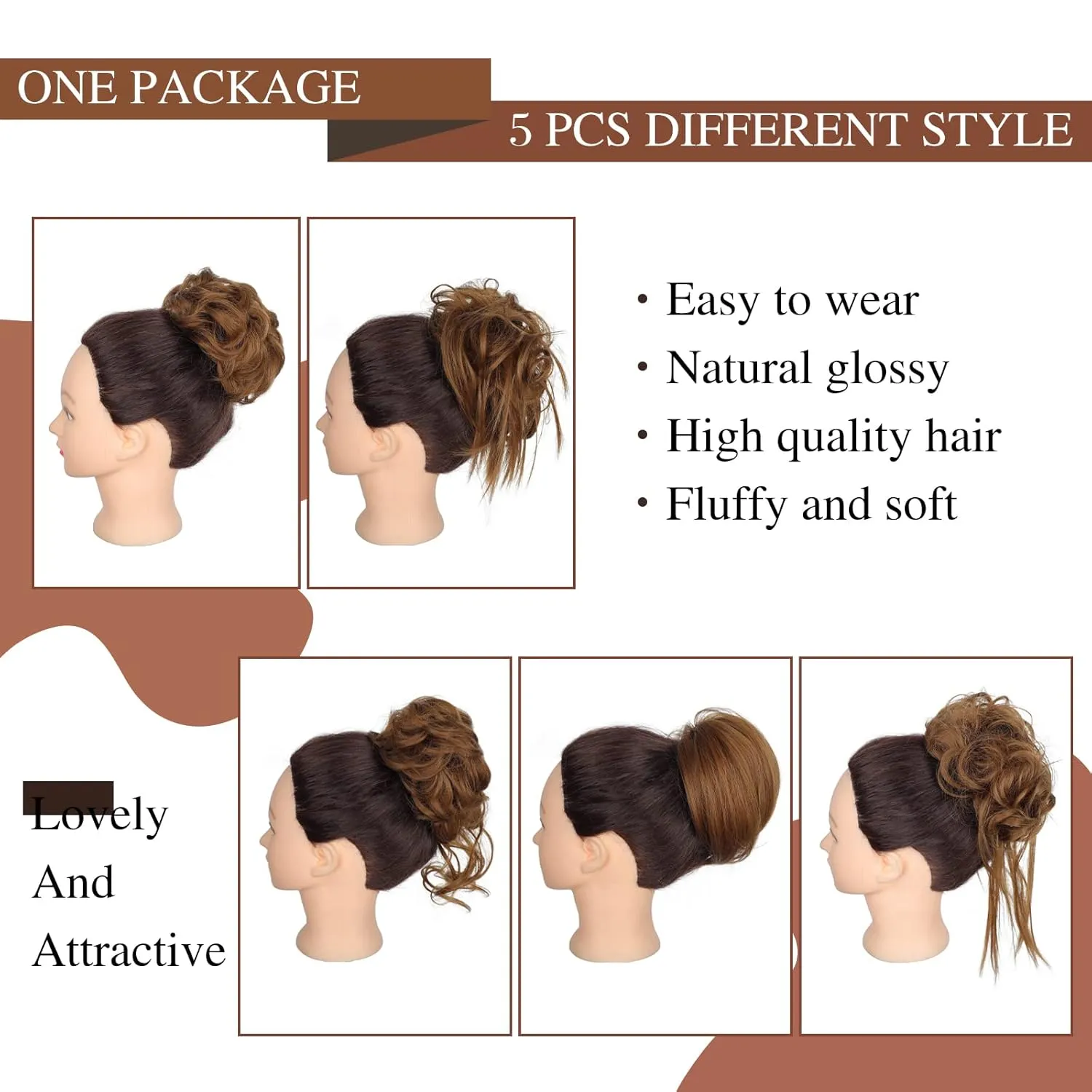 HMD 5 Pieces Messy Hair Bun Hairpiece Tousled Updo for Women Hair Extension Ponytail Scrunchies with Elastic Rubber Band Long Updo Messy Hairpiece Hair Accessories Set for Women(27#)