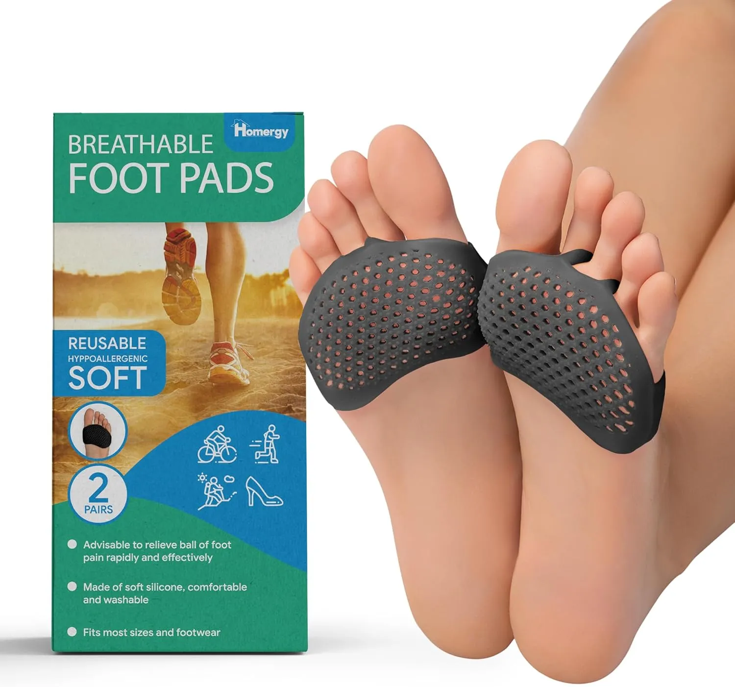 Homergy Metatarsal Pads for Women/Men, 4 Pack, FSA HSA Eligible, Soft Gel Reusable Breathable Sleeve Pads, Ball of Foot Cushions, Forefoot Cushioning Shoe Supports for Pain Relief, Mortons Neuroma