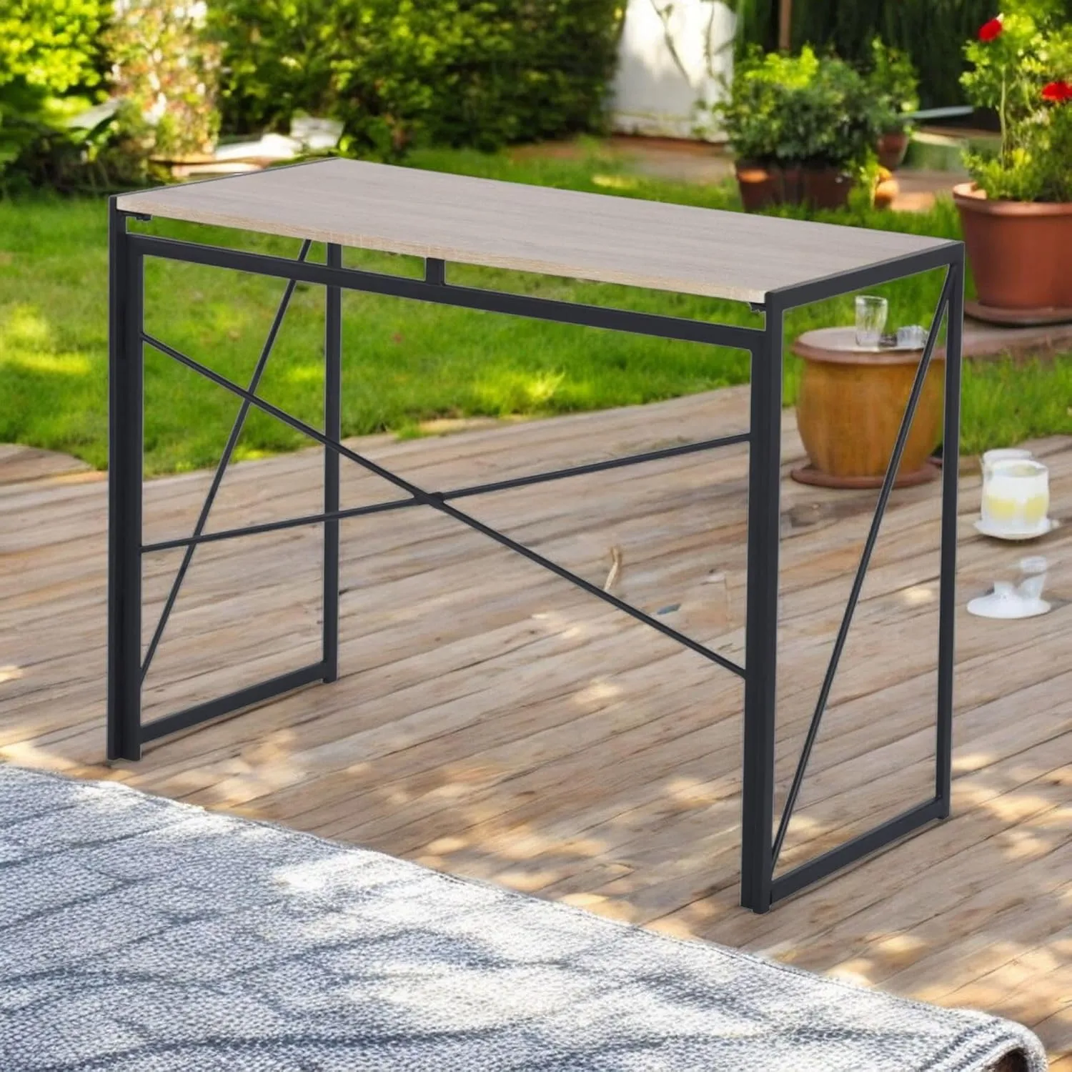 Homy Casa Compact Patio Folding Tables – Tool-Free Snap-in Assembly, Lightweight & Portable, Sleek Design for Backyard, Camping, or Balcony Use (Oak, Large)