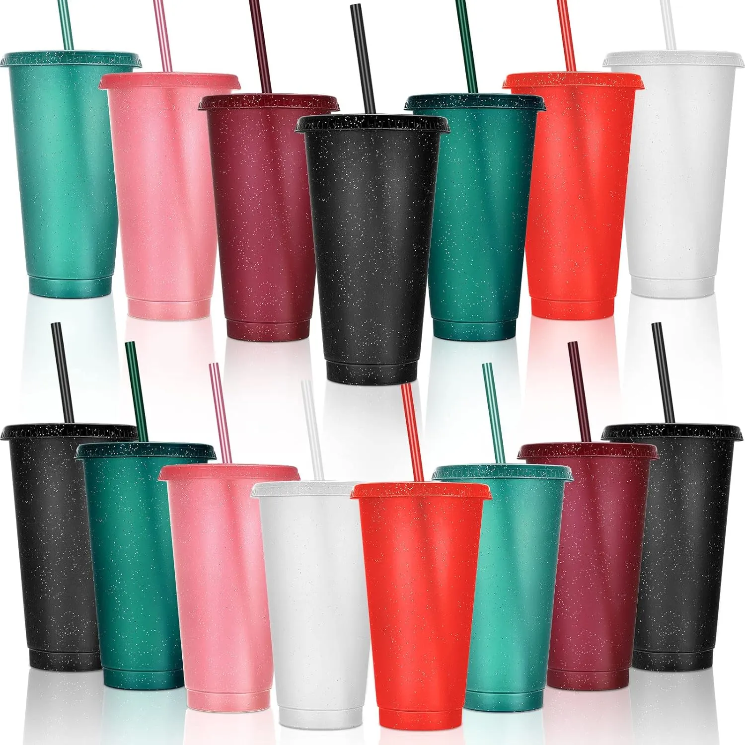 Honeydak 15 Pack Tumbler with Straw and Lid Bulk Glitter Plastic Cups Water Bottle Iced Coffee Travel Mug Reusable Party Favor Cups for Birthdays travel 24-27 oz (Bright Colors)