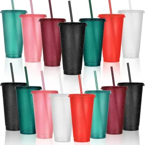 Honeydak 15 Pack Tumbler with Straw and Lid Bulk Glitter Plastic Cups Water Bottle Iced Coffee Travel Mug Reusable Party Favor Cups for Birthdays travel 24-27 oz (Bright Colors)