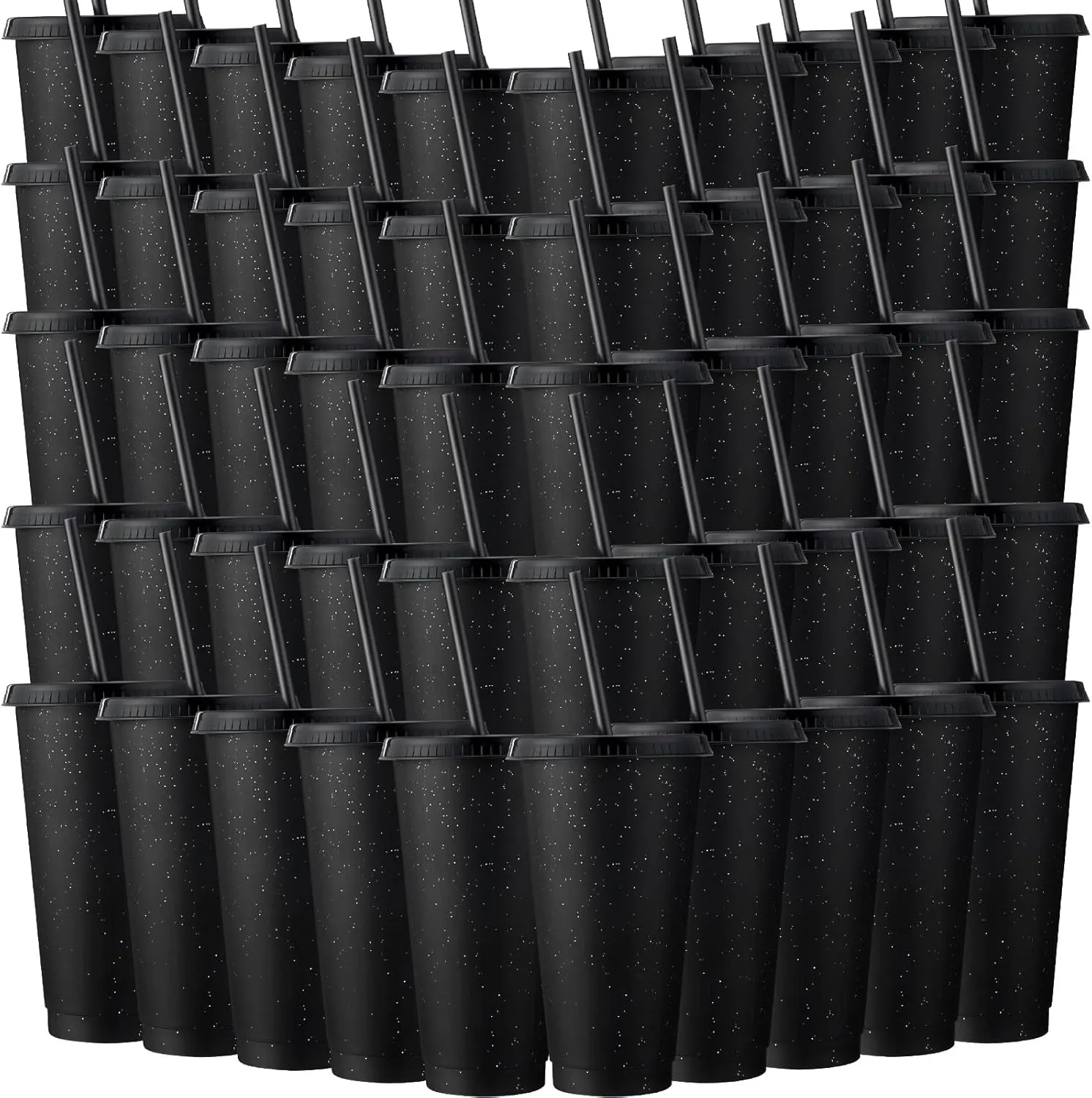 Honeydak 60 Pack Tumbler with Straw and Lid Bulk Glitter Plastic Cups Water Bottle Iced Coffee Travel Mug Reusable Party Favor Cups for Birthdays travel 24-27 oz (Black)