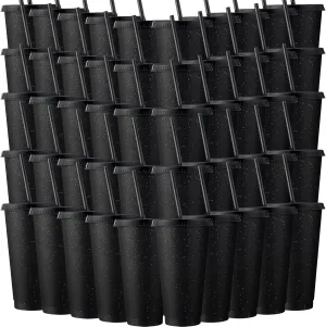 Honeydak 60 Pack Tumbler with Straw and Lid Bulk Glitter Plastic Cups Water Bottle Iced Coffee Travel Mug Reusable Party Favor Cups for Birthdays travel 24-27 oz (Black)