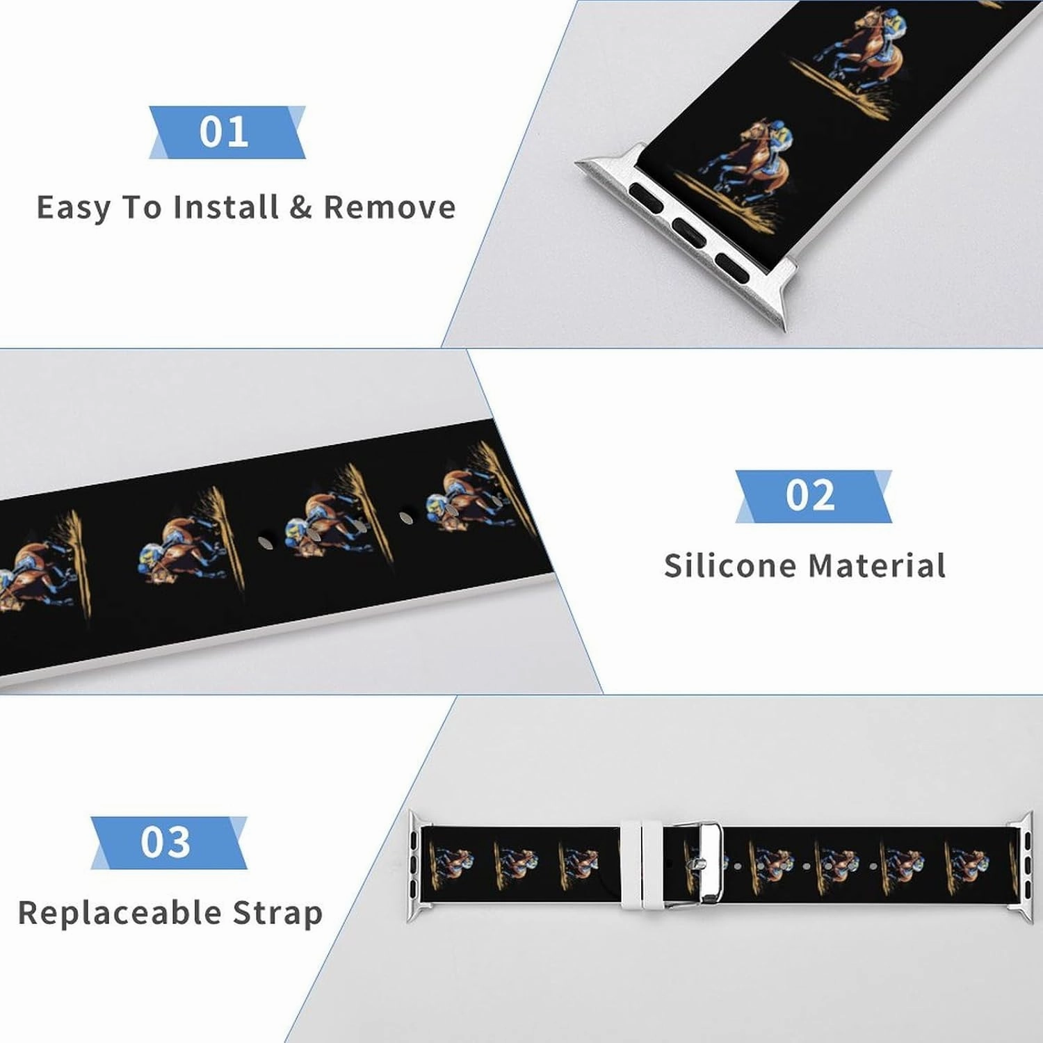 Horse Racing Adjustable Silicone Watchband Compatible with IWatch Classic Soft Sports Watch Strap for Men Women
