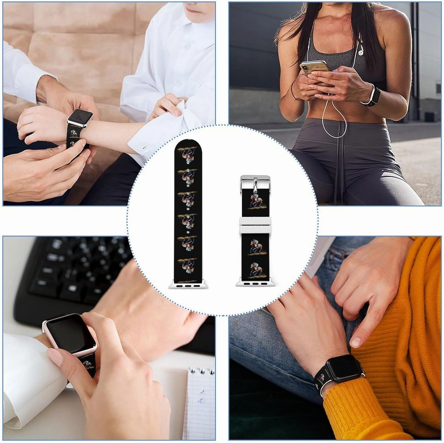 Horse Racing Adjustable Silicone Watchband Compatible with IWatch Classic Soft Sports Watch Strap for Men Women