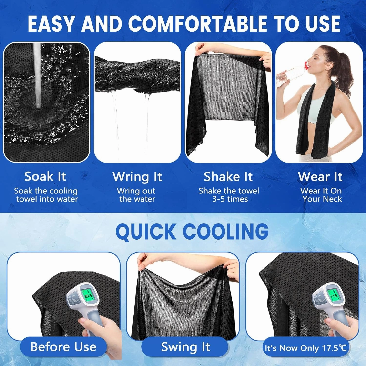 Hosuly 100 Pack Cooling Towels, 40"x12" Cooling Towels for Neck and Face Breathable Soft Chilly Sweat Rag Microfiber Sport Rags for Gym Yoga Golf Running(Black)