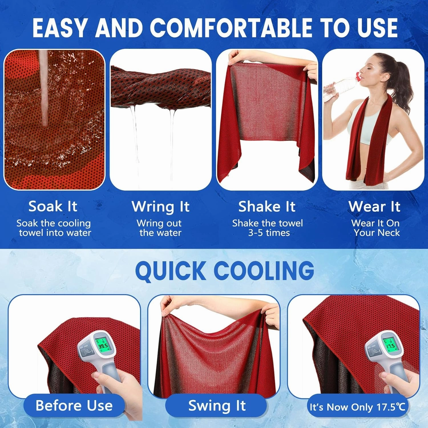 Hosuly 50 Pack Cooling Towels, 40"x12" Yoga Towels Ice Breathable Soft Chilly Sweat Rag Microfiber Workout Rags for Neck and Face for Gym Golf Sport Running (Red)