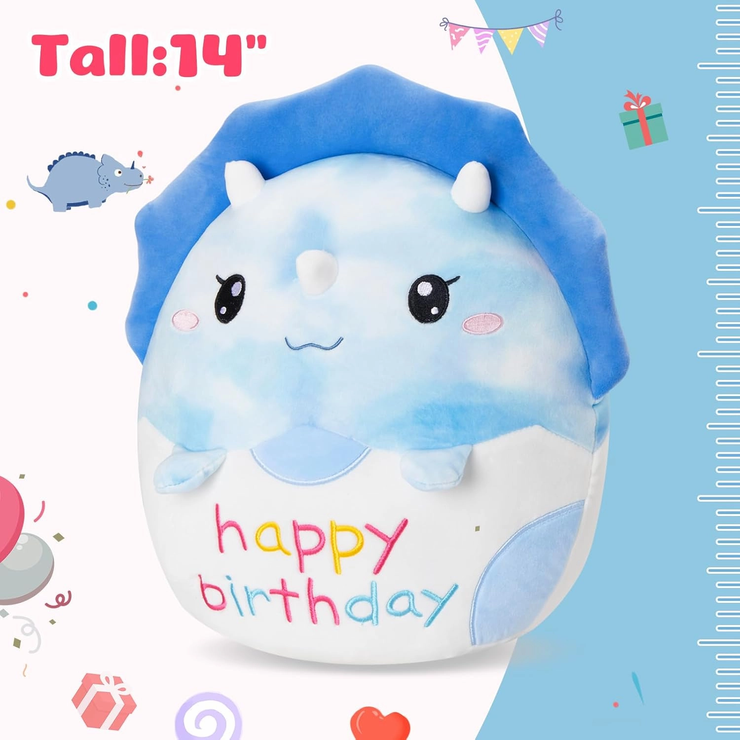 Houwsbaby 14" Happy Birthday Dinosaur Plush Pillow, Blue Triceratops Stuffed Animal, Super Squishy Creative Party Decorations, Presents for Boys Girls Kids