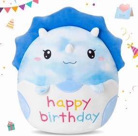 Houwsbaby 14" Happy Birthday Dinosaur Plush Pillow, Blue Triceratops Stuffed Animal, Super Squishy Creative Party Decorations, Presents for Boys Girls Kids