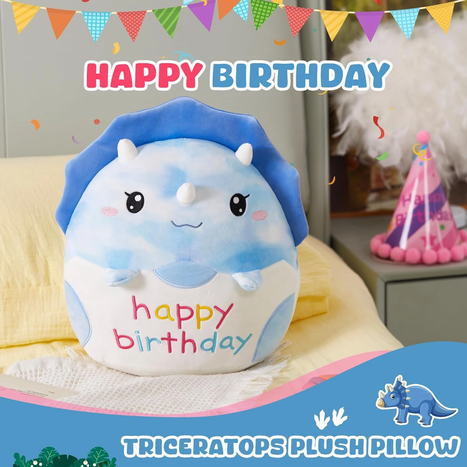 Houwsbaby 14" Happy Birthday Dinosaur Plush Pillow, Blue Triceratops Stuffed Animal, Super Squishy Creative Party Decorations, Presents for Boys Girls Kids