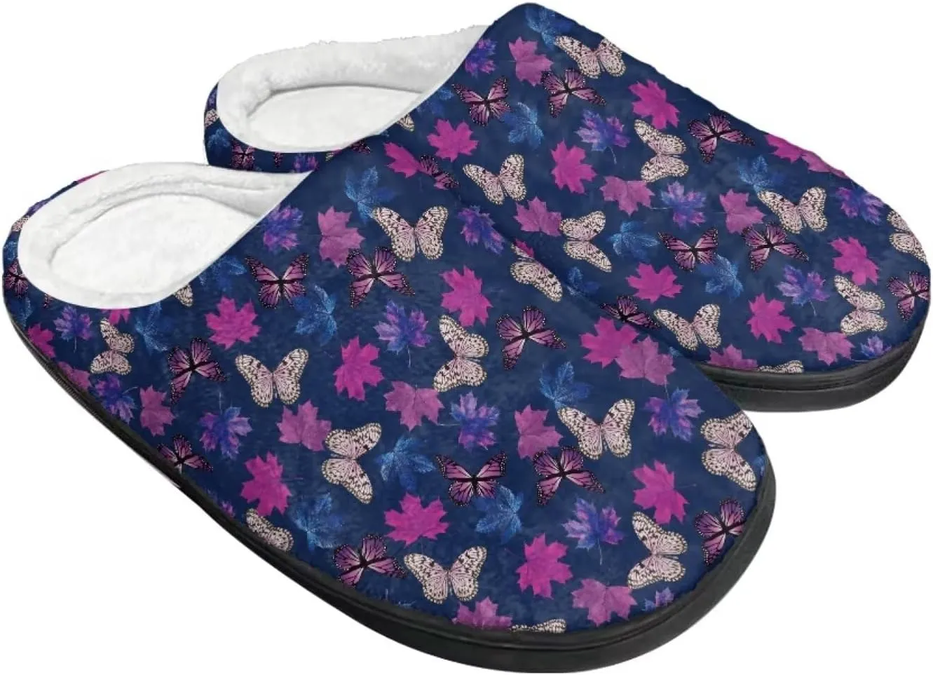 Howilath Butterfly Print Women Flannel Slippers, Warm Breathable House Shoes with Anti-skid Sole