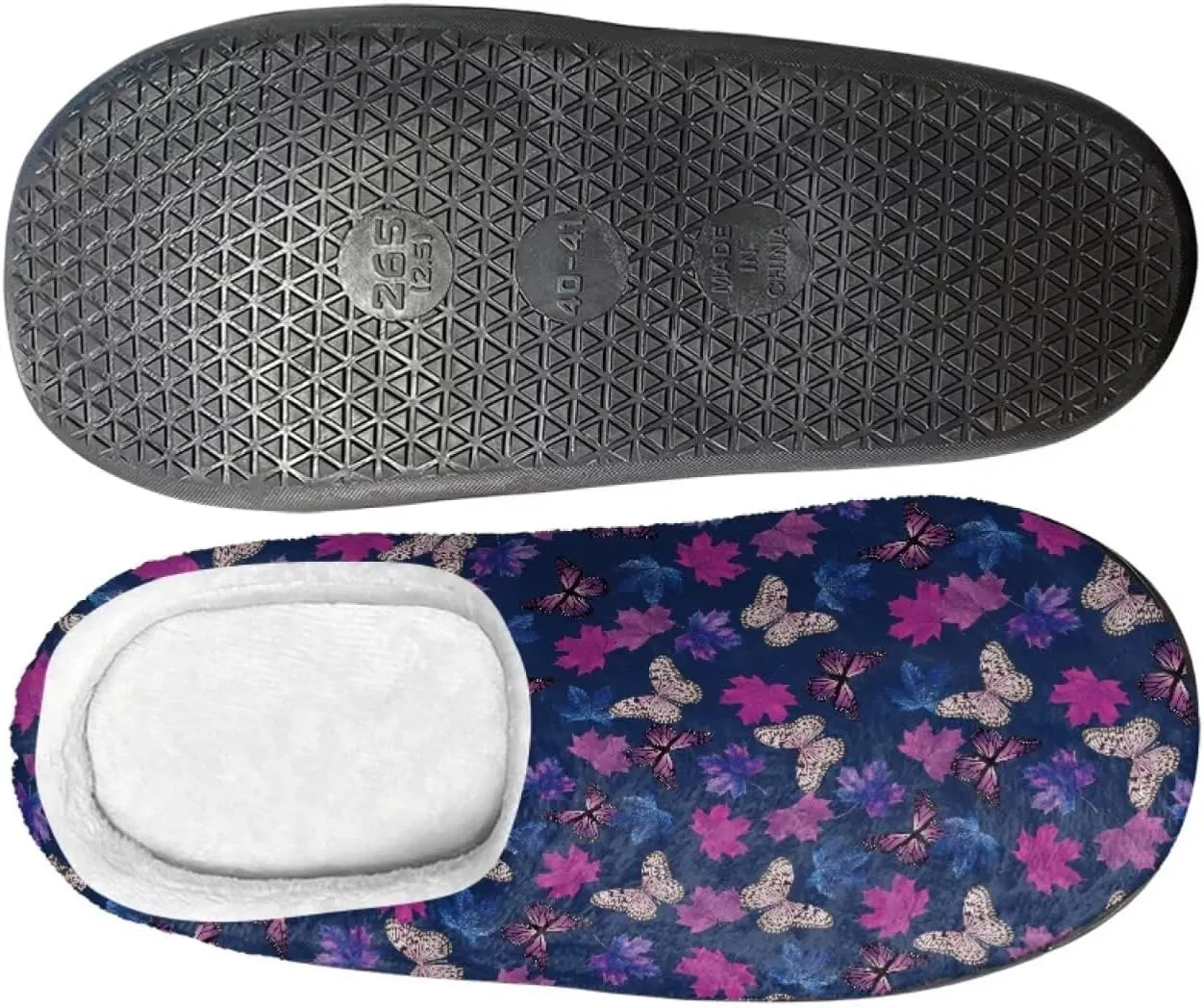 Howilath Butterfly Print Women Flannel Slippers, Warm Breathable House Shoes with Anti-skid Sole