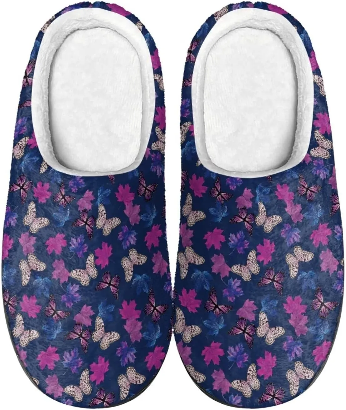 Howilath Butterfly Print Women Flannel Slippers, Warm Breathable House Shoes with Anti-skid Sole