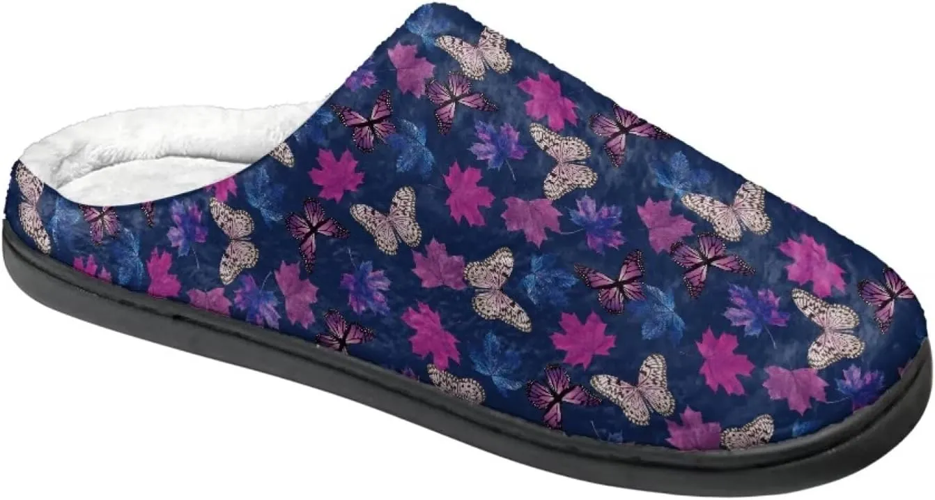 Howilath Butterfly Print Women Flannel Slippers, Warm Breathable House Shoes with Anti-skid Sole