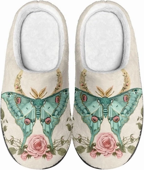 Howilath Butterfly Print Women Flannel Slippers, Warm Breathable House Shoes with Anti-skid Sole