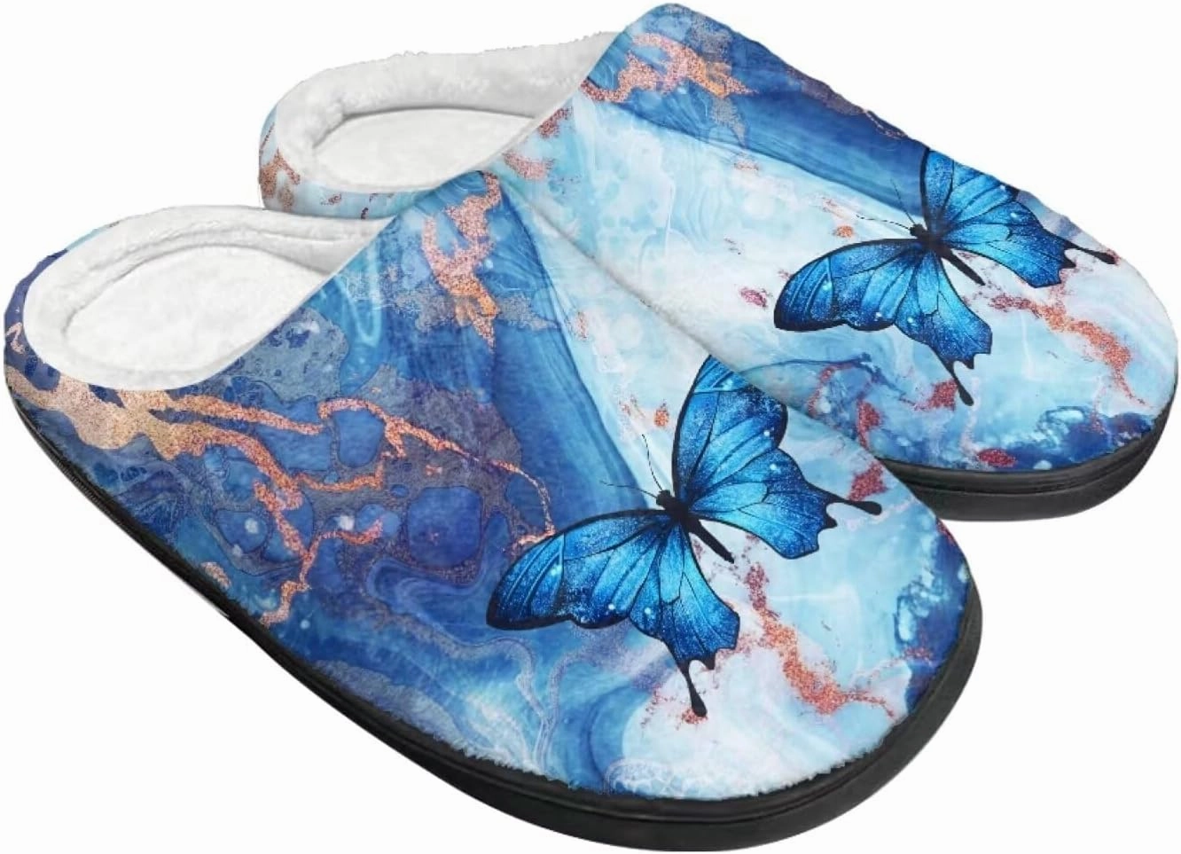 Howilath Butterfly Print Women Flannel Slippers, Warm Breathable House Shoes with Anti-skid Sole