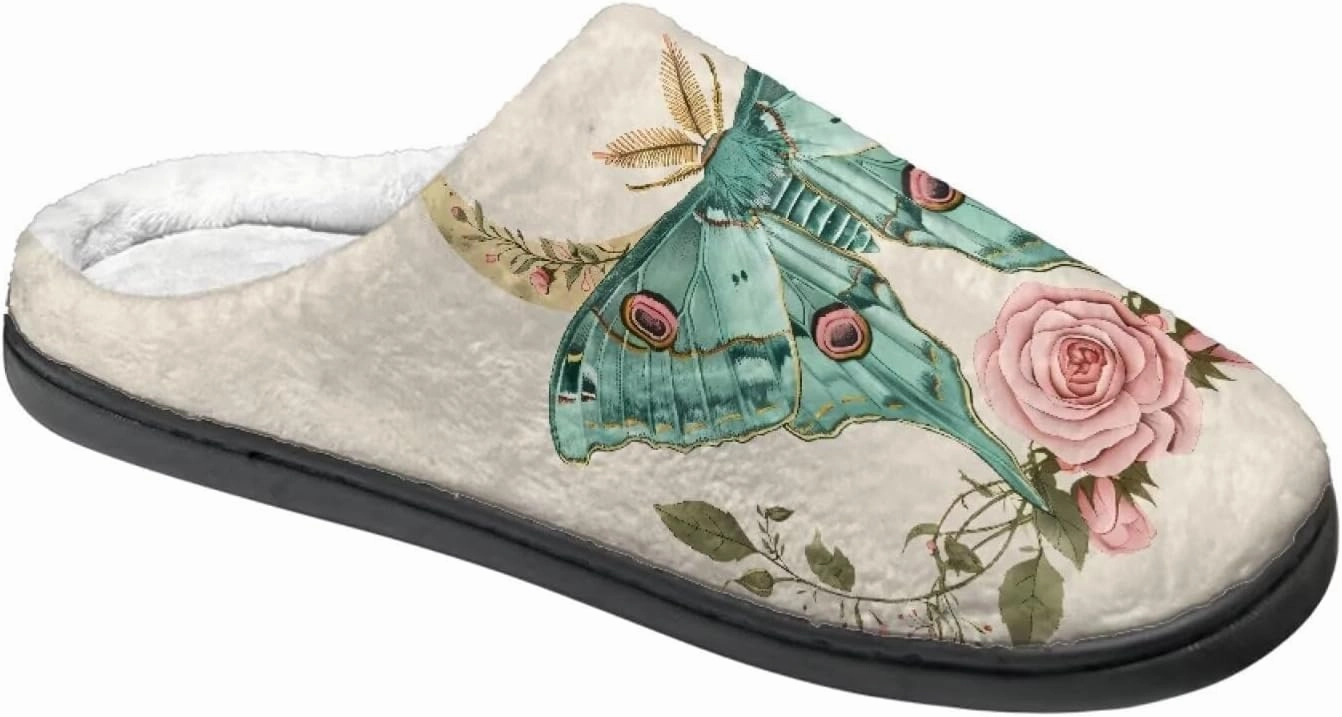 Howilath Butterfly Print Women Flannel Slippers, Warm Breathable House Shoes with Anti-skid Sole