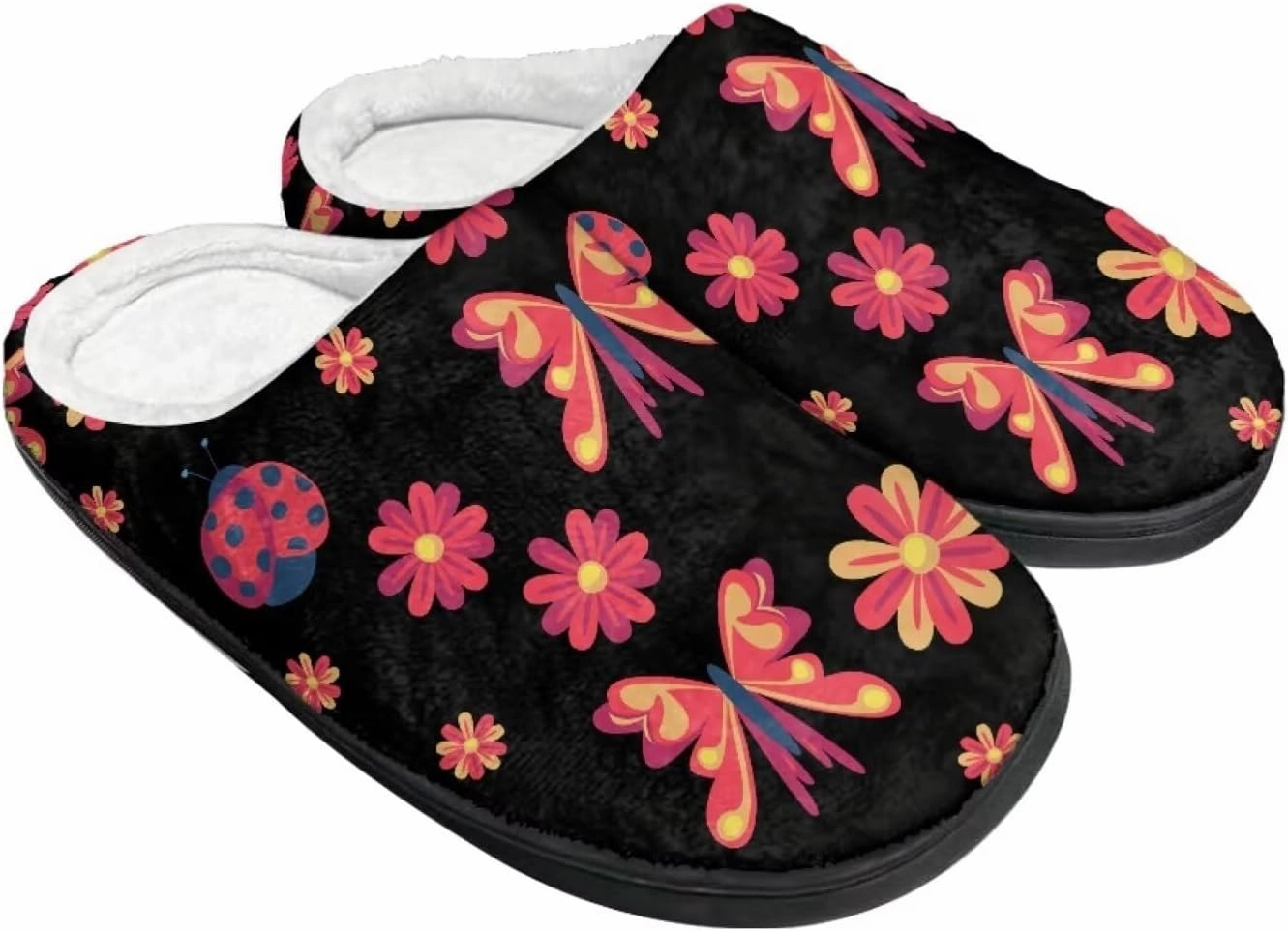 Howilath Butterfly Print Women Flannel Slippers, Warm Breathable House Shoes with Anti-skid Sole
