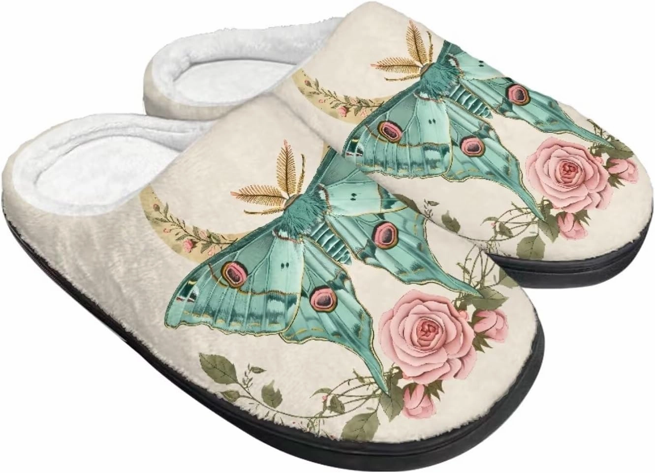 Howilath Butterfly Print Women Flannel Slippers, Warm Breathable House Shoes with Anti-skid Sole