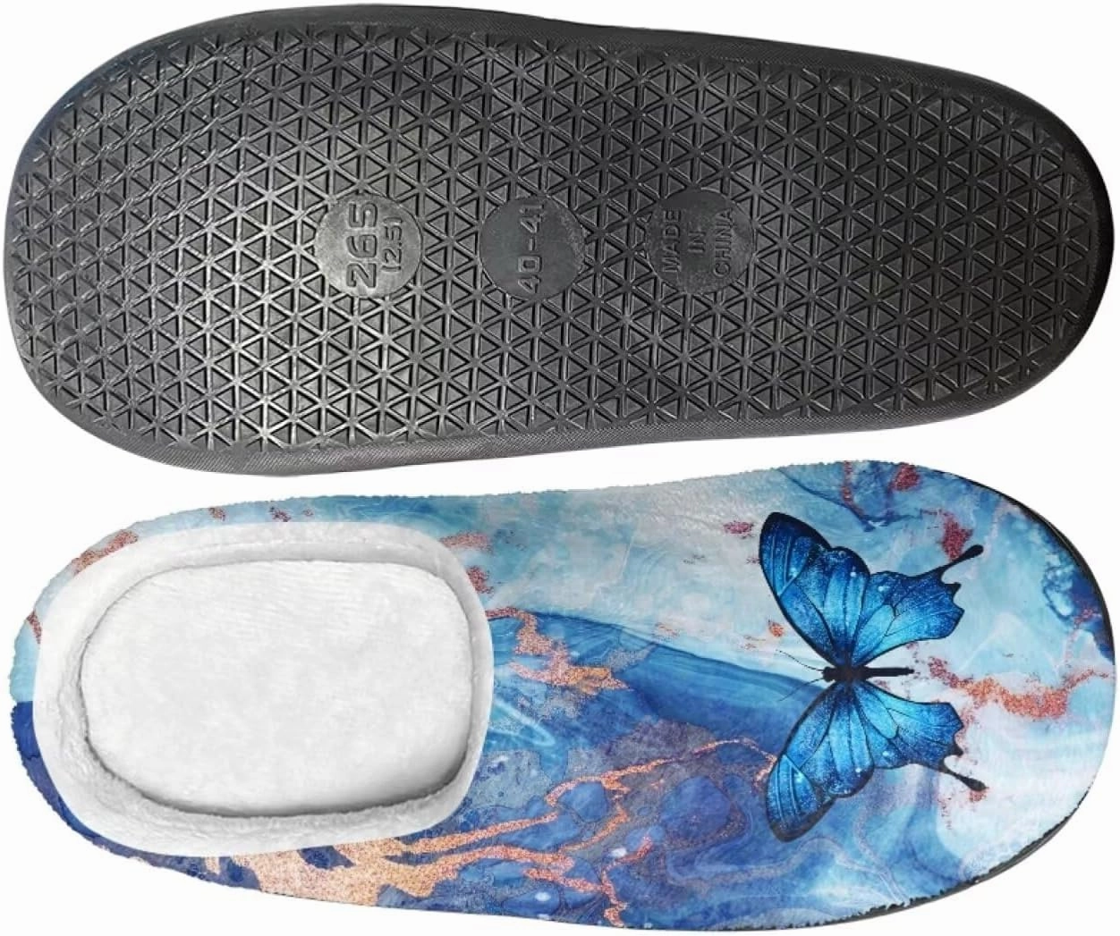 Howilath Butterfly Print Women Flannel Slippers, Warm Breathable House Shoes with Anti-skid Sole