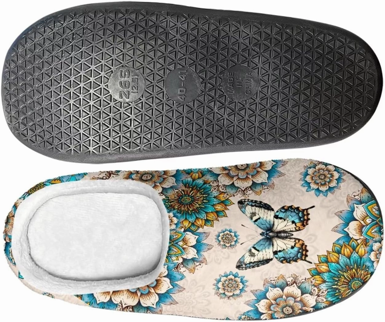 Howilath Butterfly Print Women Flannel Slippers, Warm Breathable House Shoes with Anti-skid Sole