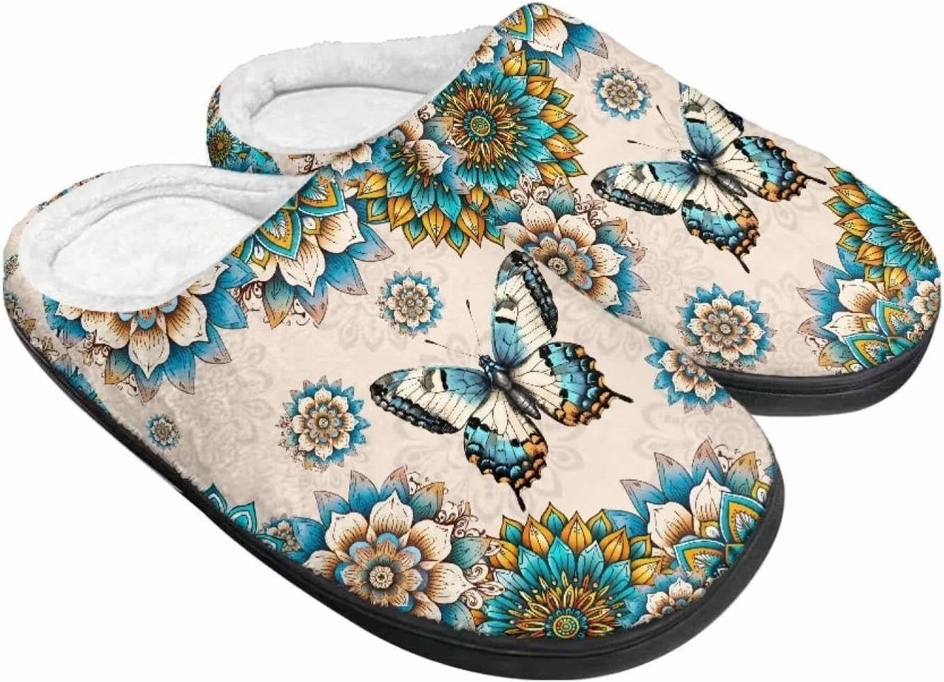 Howilath Butterfly Print Women Flannel Slippers, Warm Breathable House Shoes with Anti-skid Sole