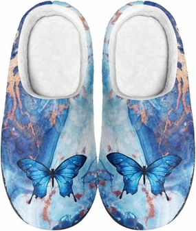 Howilath Butterfly Print Women Flannel Slippers, Warm Breathable House Shoes with Anti-skid Sole
