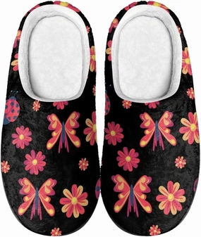 Howilath Butterfly Print Women Flannel Slippers, Warm Breathable House Shoes with Anti-skid Sole