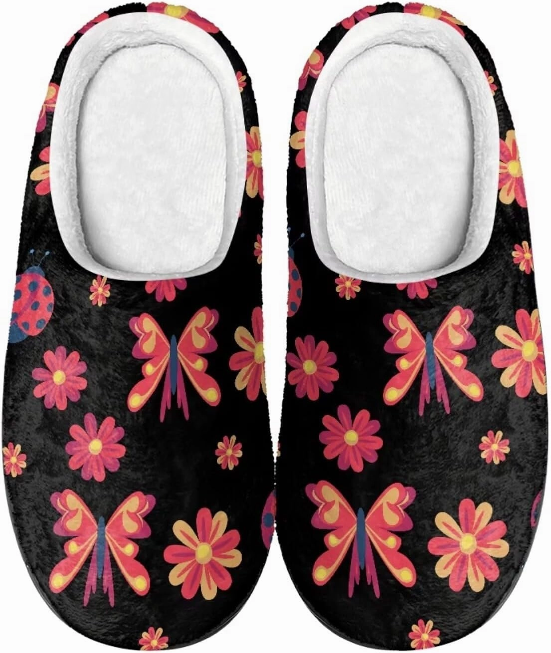 Howilath Butterfly Print Women Flannel Slippers, Warm Breathable House Shoes with Anti-skid Sole