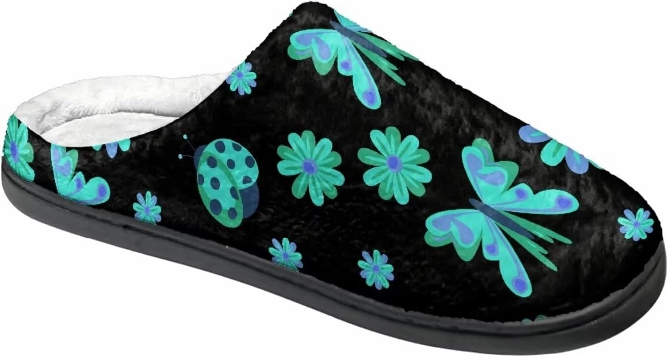 Howilath Butterfly Print Women Flannel Slippers, Warm Breathable House Shoes with Anti-skid Sole