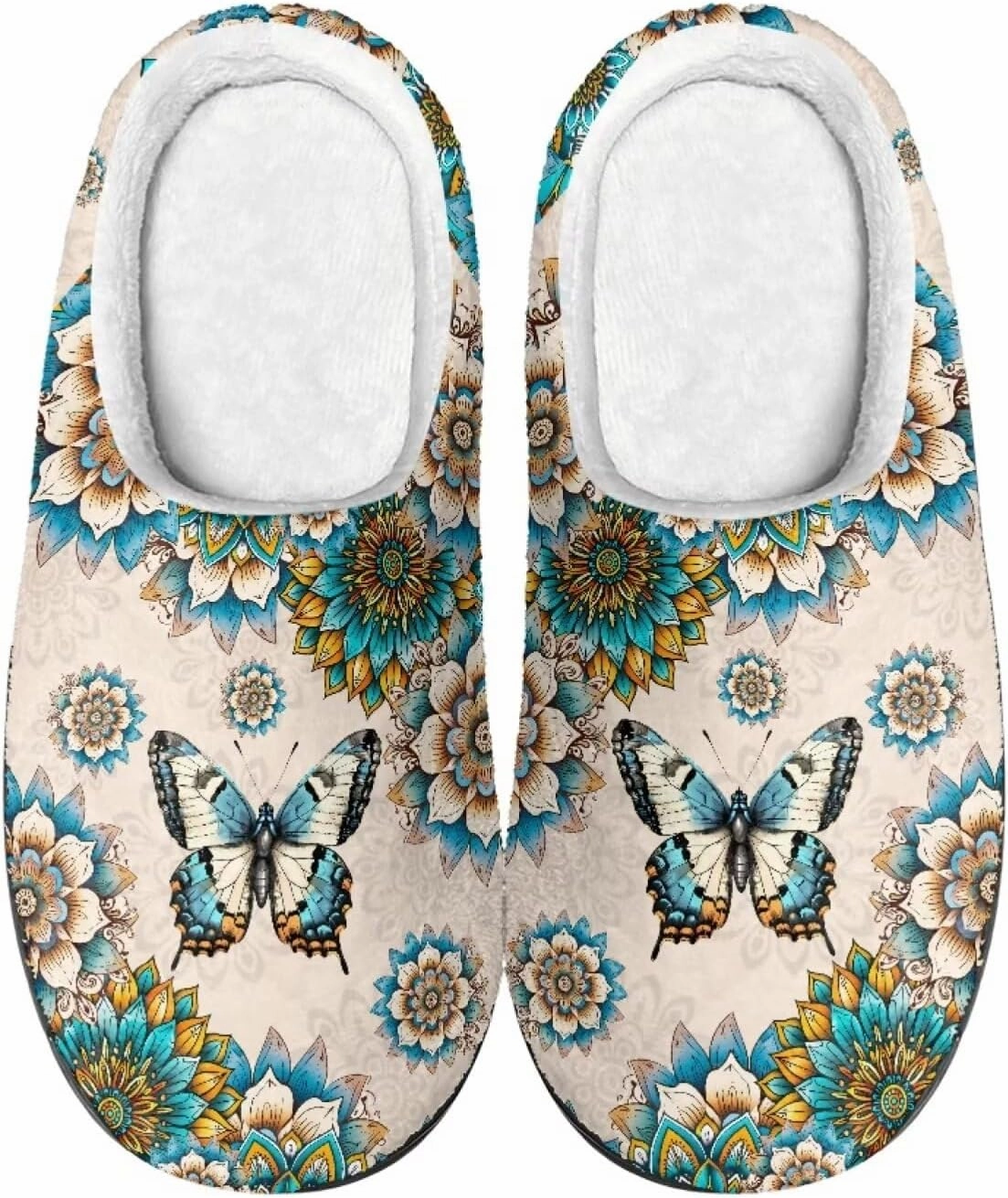 Howilath Butterfly Print Women Flannel Slippers, Warm Breathable House Shoes with Anti-skid Sole