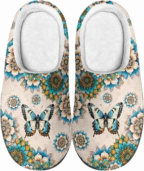Howilath Butterfly Print Women Flannel Slippers, Warm Breathable House Shoes with Anti-skid Sole